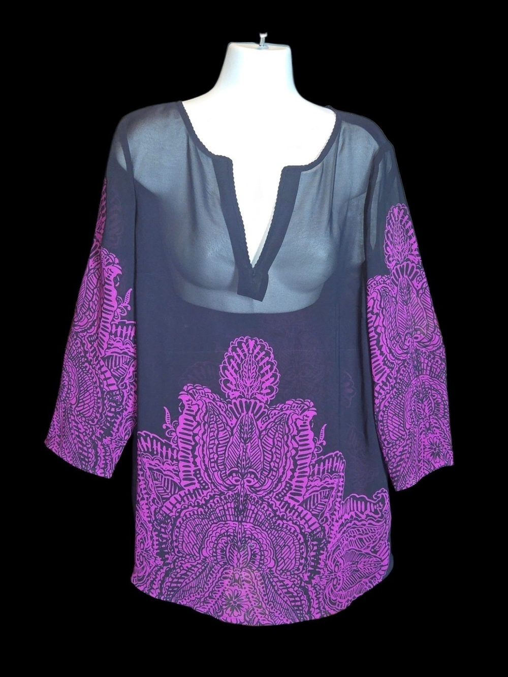 Ann Taylor Black Sheer Tunic with Purple Paisley Motif